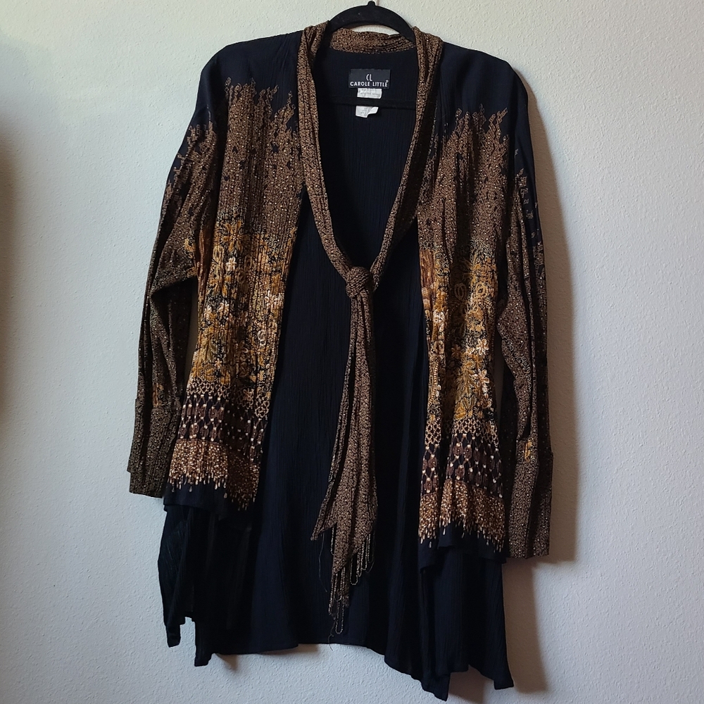 Carole Little 2 Layer Black & Gold Tassle Beaded Cardigan